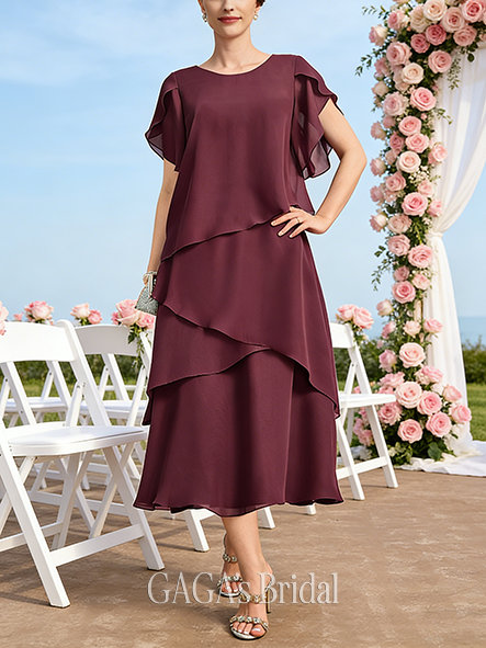 Fall A-line Sophisticated Scoop Tea-Length Chiffon Mother of the Bride Dress