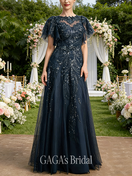 Fall A-line Sophisticated Scoop Illusion Floor-Length Tulle Lace Mother of the Bride Dress With Sequins