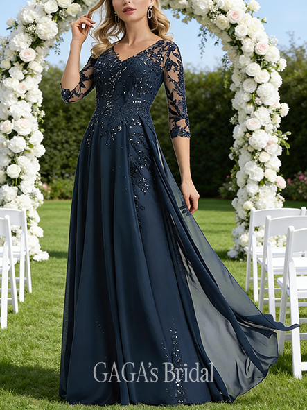Fall A-line Sophisticated V-Neck Floor-Length Lace Chiffon Mother of the Bride Dress With Sequins