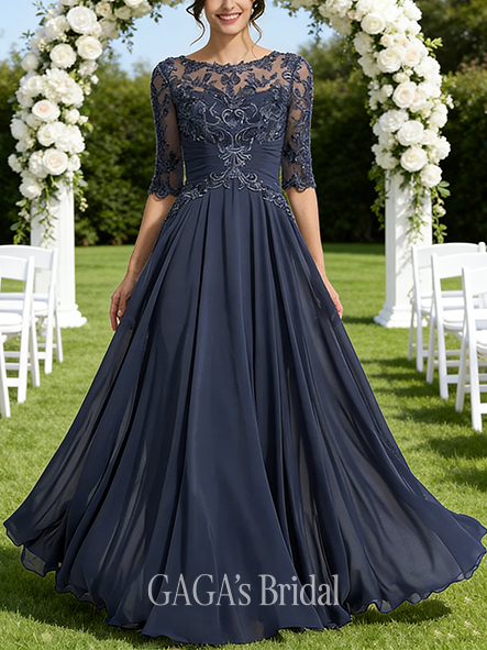 A-line Exquisite Scoop Illusion Floor-Length Lace Chiffon Mother of the Bride Dress With Pleated Sequins