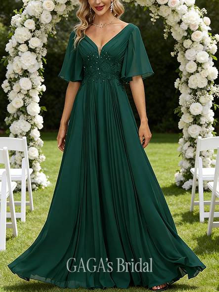 A-line Exquisite V-Neck Floor-Length Chiffon Mother of the Bride Dress With Sequins Appliques Lace Pleated