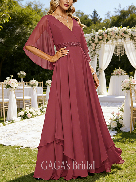 Grandmother A-line Sophisticated V-Neck Floor-Length Chiffon Mother of the Bride Dress With Sequins Appliques Lace Beading