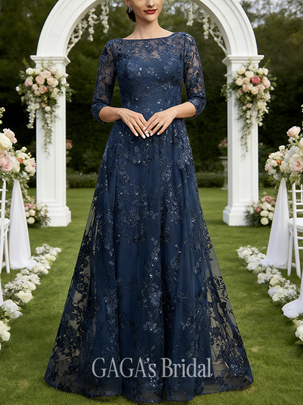 A-line Exquisite Scoop Illusion Floor-Length Lace Mother of the Bride Dress With Sequins