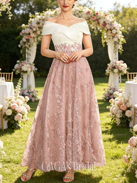 Plus Size A-line Modest Off the Shoulder Ankle-Length Satin Lace Mother of the Bride Dress With Pleated Sequins