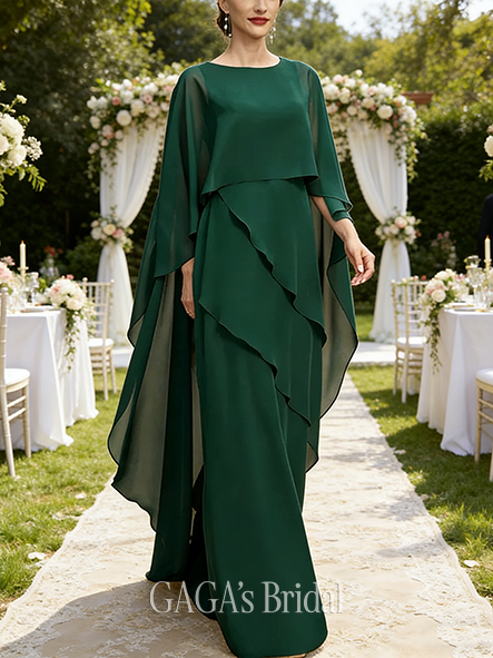 Fall A-line Sophisticated Scoop Floor-Length Chiffon Mother of the Bride Dress With Cape 3D Floral