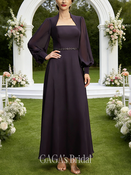 A-line Exquisite Queen Anne Ankle-Length Chiffon Mother of the Bride Dress With Sequins Beading