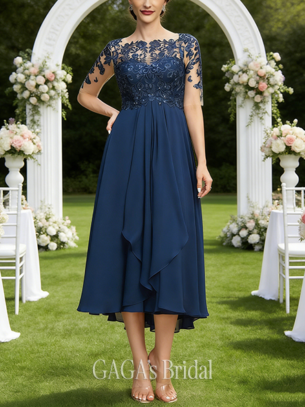Fall A-line Sophisticated Illusion Boat Neck Asymmetrical Lace Chiffon Mother of the Bride Dress With Overskirt Sequins Cascading Ruffles