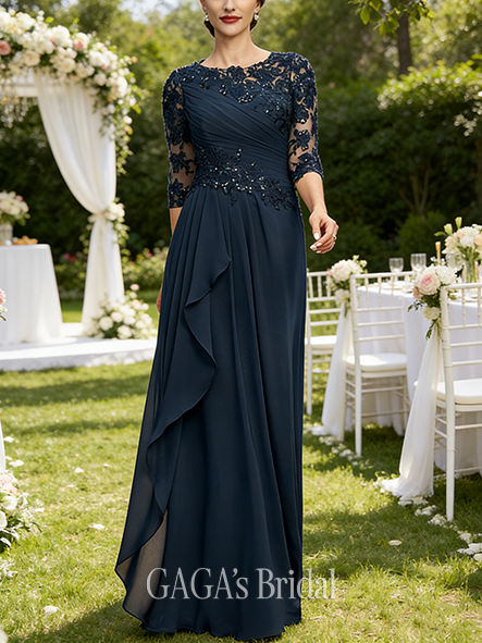 Fall A-line Sophisticated Scoop Floor-Length Lace Chiffon Mother of the Bride Dress With Cascading Ruffles Sequins
