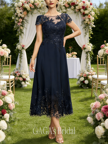 Plus Size A-line Polished Chic Scoop Illusion Tea-Length Lace Chiffon Mother of the Bride Dress With Sequins
