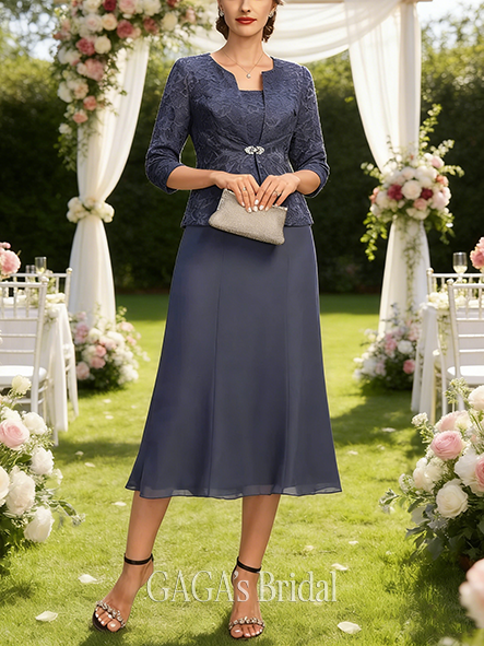 A-line Exquisite Square Tea-Length Lace Chiffon Mother of the Bride Dress