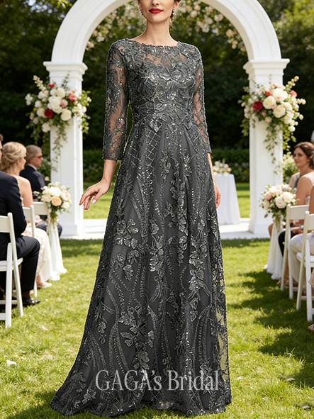 Wedding Guest A-line Refined Scoop Floor-Length Lace Mother of the Bride Dress With Sequins