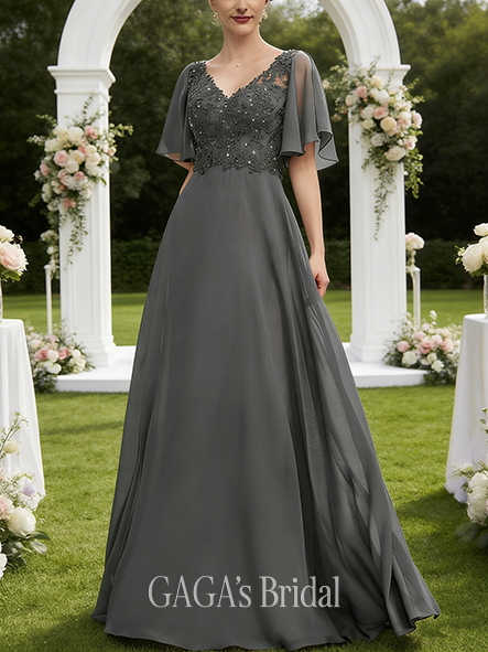 A-line Exquisite V-Neck Floor-Length Chiffon Lace Mother of the Bride Dress With Sequins Beading