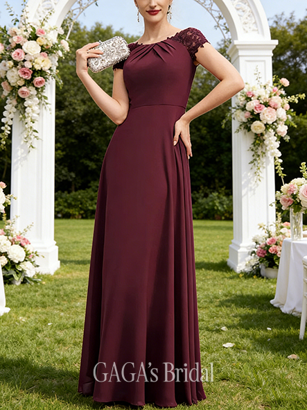 Fall A-line Sophisticated Scoop Floor-Length Chiffon Mother of the Bride Dress With Pleated Appliques Lace