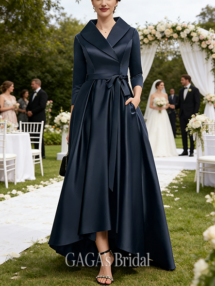 New Arrival A-line Sophisticated Chic V-Neck Collared Asymmetrical Satin Mother of the Bride Dress With Bow