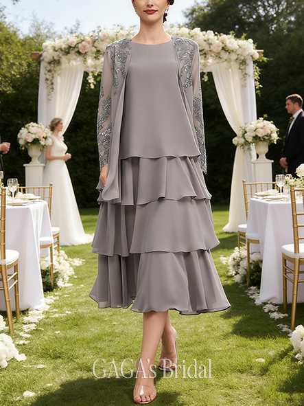 Fall A-line Sophisticated Scoop Tea-Length Chiffon Mother of the Bride Dress With Cascading Ruffles