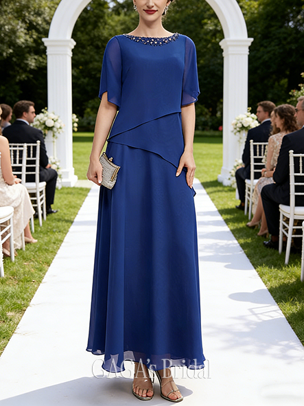 Fall A-line Sophisticated Scoop Ankle-Length Chiffon Mother of the Bride Dress With Beading