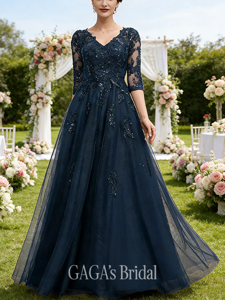 Fall A-line Sophisticated V-Neck Floor-Length Tulle Lace Mother of the Bride Dress With Sequins