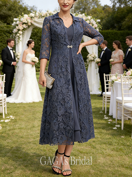 A-line Exquisite V-Neck Tea-Length Chiffon Mother of the Bride Dress