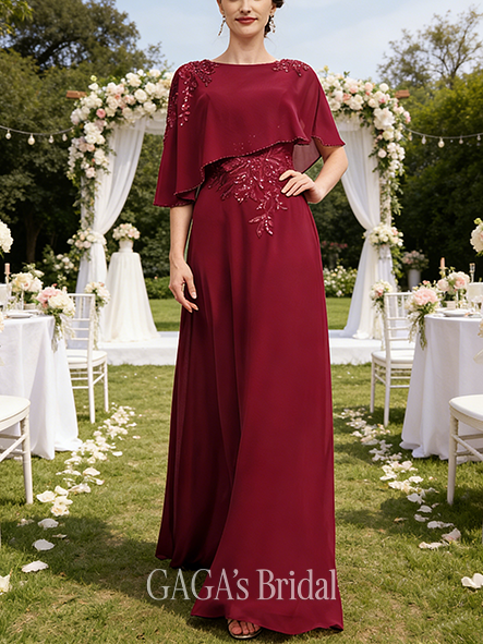 A-line Exquisite Scoop Floor-Length Chiffon Lace Mother of the Bride Dress With Beading Cape Sequins