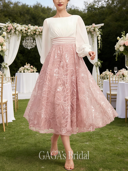 Fall A-line Sophisticated Scoop Tea-Length Chiffon Lace Mother of the Bride Dress With Pleated Sequins Beading
