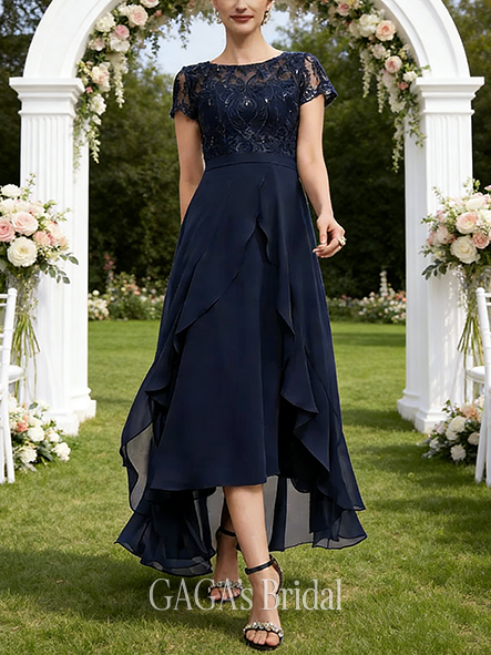 A-line Exquisite Scoop Illusion Asymmetrical Chiffon Lace Mother of the Bride Dress With Ruffle Sequins Bow