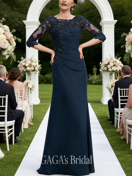 Wedding Guest A-line Refined Scoop Floor-Length Chiffon Lace Mother of the Bride Dress With Sequins Beading Pleated