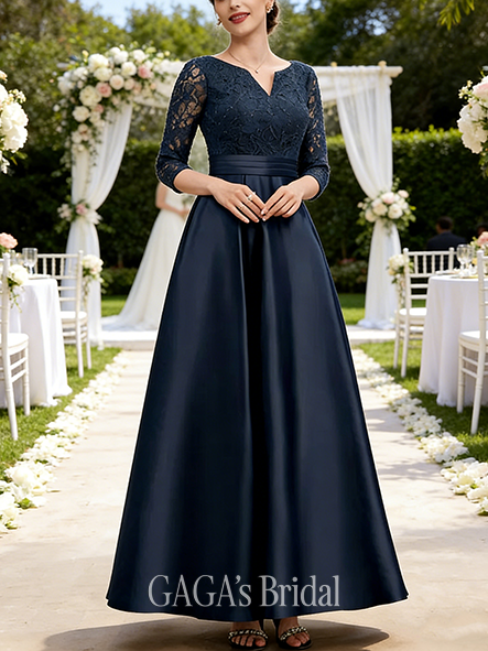 Fall A-line Sophisticated V-Neck Ankle-Length Lace Satin Mother of the Bride Dress With Rhinestone