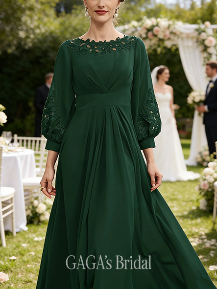 A-line Exquisite Scoop Asymmetrical Chiffon Mother of the Bride Dress With Pleated Appliques Lace