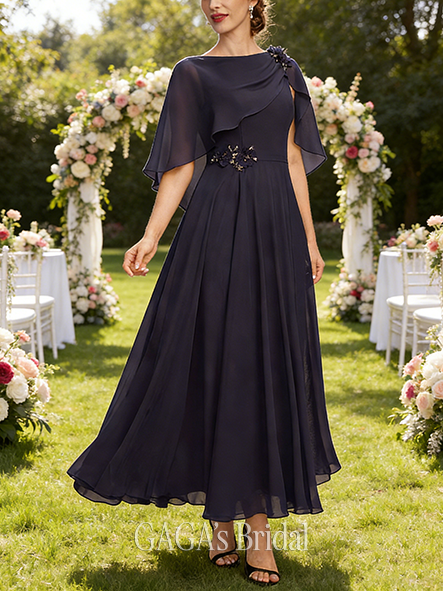 Plus Size A-line Exquisite Boat Neck Ankle-Length Chiffon Mother of the Bride Dress With Beading Cape 3D Floral Pleated