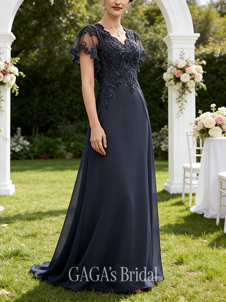 New Arrival A-line Stylish Chic V-Neck Floor-Length Lace Chiffon Mother of the Bride Dress With Sequins