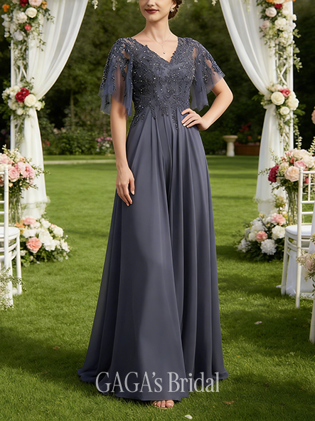Plus Size A-line Regal Graceful V-Neck Floor-Length Chiffon Lace Mother of the Bride Dress With Sequins Beading