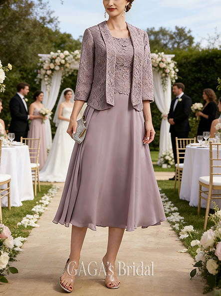 New Arrival A-line Refined Graceful Scoop Tea-Length Lace Chiffon Mother of the Bride Dress