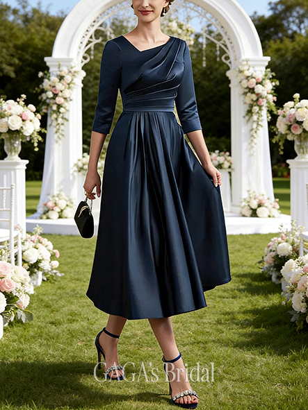 Fall A-line Sophisticated Asymmetrical Tea-Length Satin Mother of the Bride Dress With Pleated