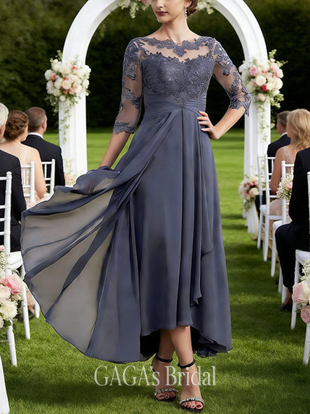 Plus Size A-line Delicate Graceful Illusion Scoop Asymmetrical Lace Chiffon Mother of the Bride Dress With Overskirt Cascading Ruffles