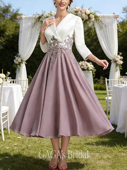 A-line Exquisite Collared V-Neck Tea-Length Satin Chiffon Mother of the Bride Dress With Appliques Lace