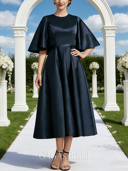 Black Tie Event A-line Sophisticated Graceful Scoop Tea-Length Satin Mother of the Bride Dress With Cape