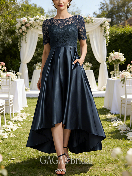 A-line Exquisite Scoop Illusion Asymmetrical Satin Lace Mother of the Bride Dress