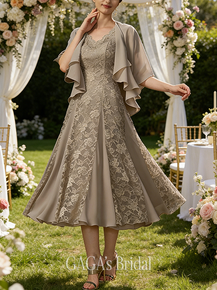 Fall A-line Sophisticated V-Neck Tea-Length Lace Chiffon Mother of the Bride Dress