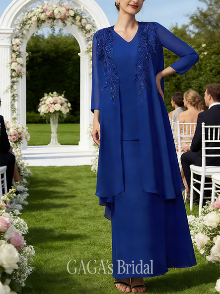 A-line Exquisite V-Neck Ankle-Length Chiffon Mother of the Bride Dress