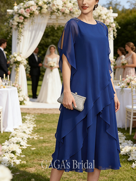 A-line Exquisite Scoop Tea-Length Chiffon Mother of the Bride Dress With Beading Cape Sequins Cascading Ruffles