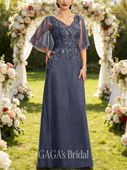 Fall A-line Sophisticated V-Neck Floor-Length Lace Tulle Mother of the Bride Dress With Sequins Beading