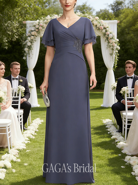 A-line Exquisite V-Neck Floor-Length Chiffon Mother of the Bride Dress With Pleated Beading
