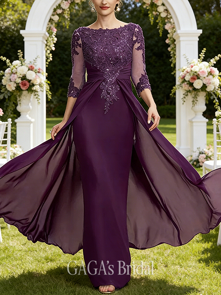 Fall A-line Sophisticated Scoop Floor-Length Chiffon Lace Mother of the Bride Dress With Beading Overskirt Sequins