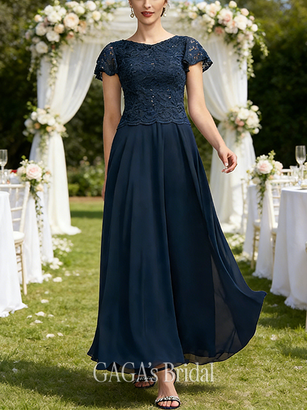 A-line Exquisite Scoop Ankle-Length Lace Chiffon Mother of the Bride Dress With Sequins