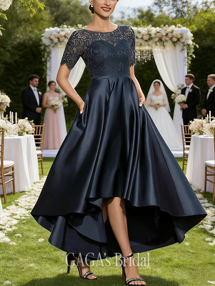Fall A-line Sophisticated Scoop Illusion Asymmetrical Satin Lace Mother of the Bride Dress