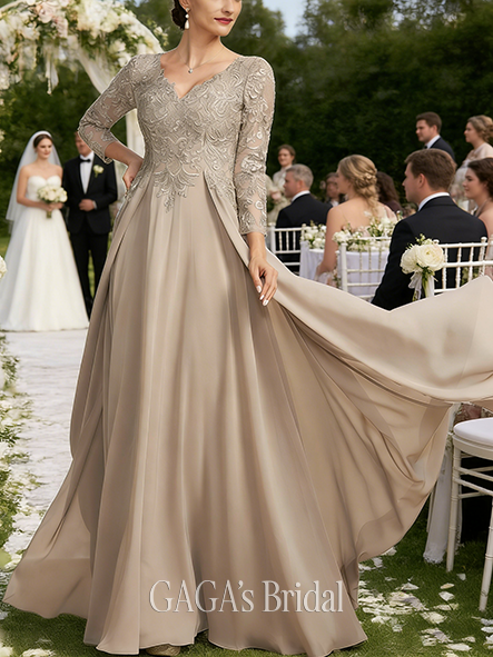 Plus Size A-line Timeless Graceful V-Neck Floor-Length Lace Chiffon Mother of the Bride Dress With Overskirt Sequins