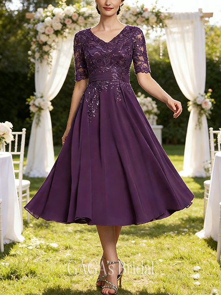 Fall A-line Sophisticated V-Neck Tea-Length Lace Chiffon Mother of the Bride Dress With Sequins