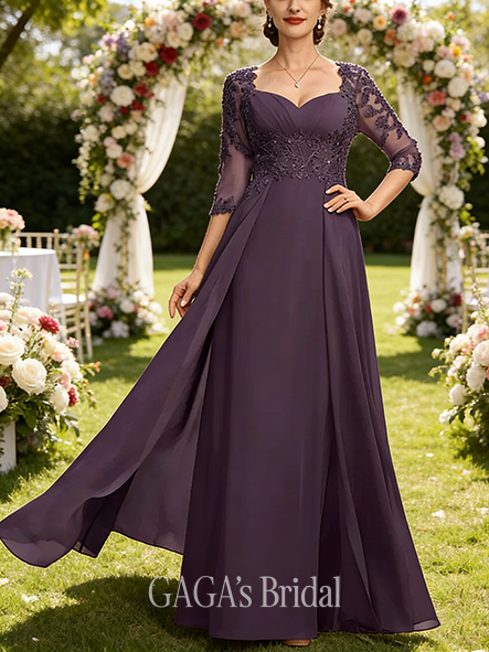 Fall A-line Sophisticated Sweetheart Floor-Length Lace Chiffon Mother of the Bride Dress With Pleated Sequins