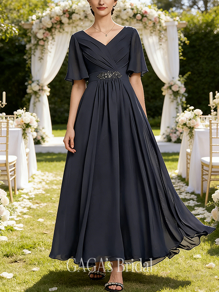 New Arrival A-line Refined Graceful V-Neck Ankle-Length Chiffon Mother of the Bride Dress With Pleated Beading Sequins