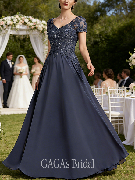 Fall A-line Sophisticated V-Neck Floor-Length Chiffon Lace Mother of the Bride Dress With Sequins Beading